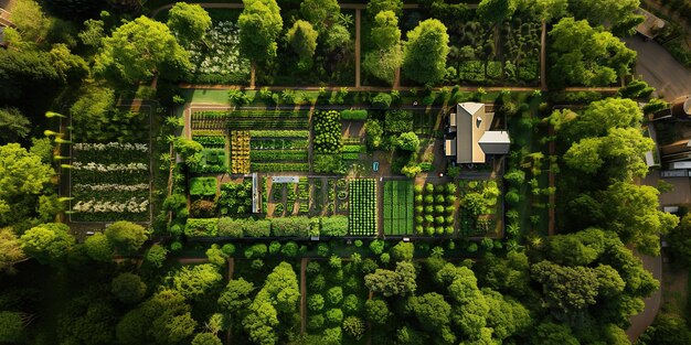 작은 집 옆에 채소와 과일이 자라고 있는 정원의 조감도가 자립 가능성과 자연의 아름다움을 보여주는 그림 같은 장면을 연출합니다. Generative AI