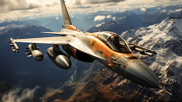 Aerial view of General Dynamics F16 Fighting Falcon aircraft