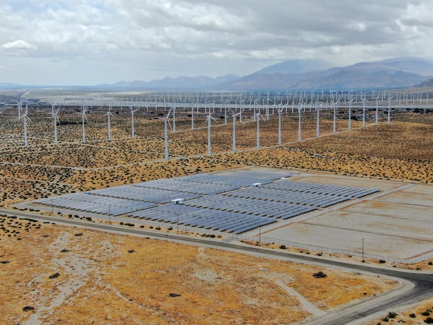 Aerial view of Genuine Energy Farm in the Hot Arid Desert of Palm Springs California