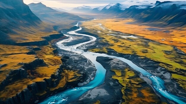 Aerial view of glacier river system in iceland beauty