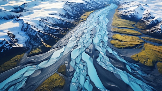 Aerial view of glacier river system in Iceland