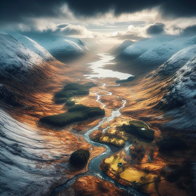 Aerial view of glen etive in winter near glencoe in the argyll region of the highlands of scotland