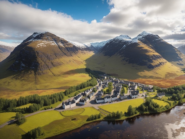 Вид с воздуха на Гленко и горы, окружающие маленький городок в Шотландии