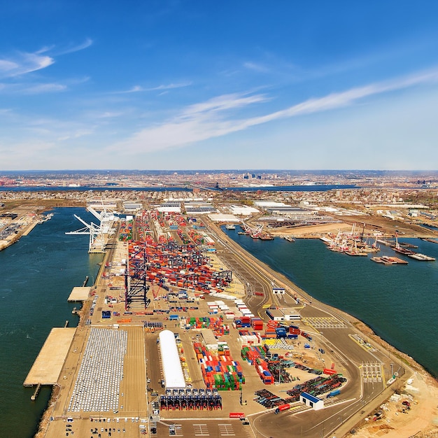 Aerial view to global container terminal in Bayonne, NJ, USA