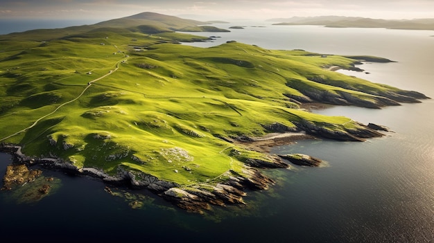 aerial view of the golf course and the sea in the morning Created with AI