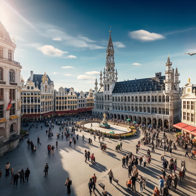 Photo aerial view of grand place in brussels with iconic landmarks and vibrant street life