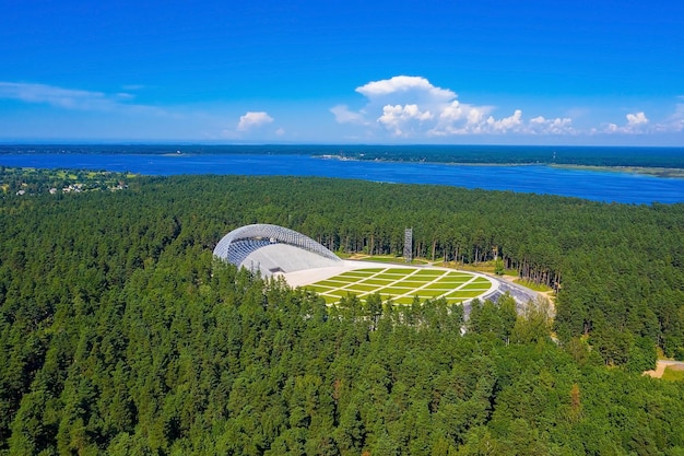 Aerial view of the Great Bandstand in Mezaparks in Riga, Latvia. Beautiful new stadium located in the middle of a forest.