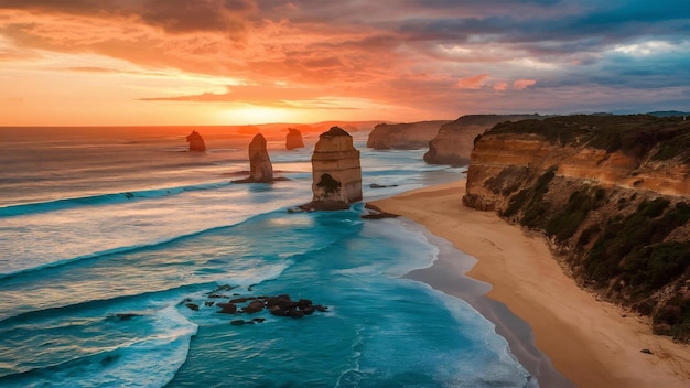 Aerial view of great ocean road at sunset victoria australia