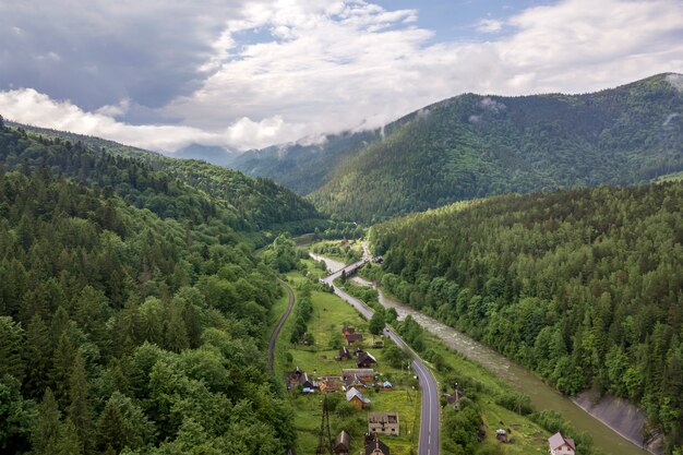 Aerial view of green Carpathian mountains covered with evergreen spruce pine foreston summer sunny day.