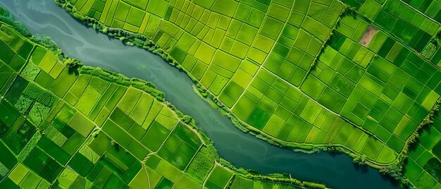 Photo aerial view of a green field with a river