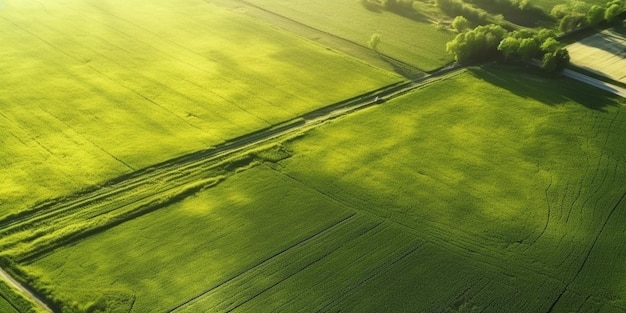 An aerial view of a green field with a road going through it.