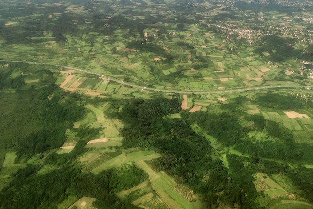 緑の野原、森の田園地帯の空撮