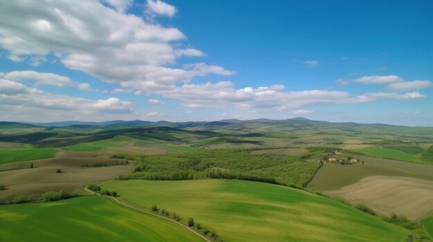 Aerial view of the green fields and mountains