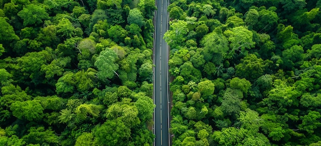 Aerial view of a green forest and a road cutting through nature