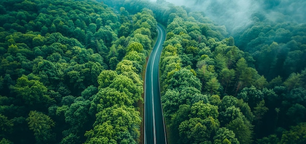 Aerial view of a green forest and a road cutting through nature