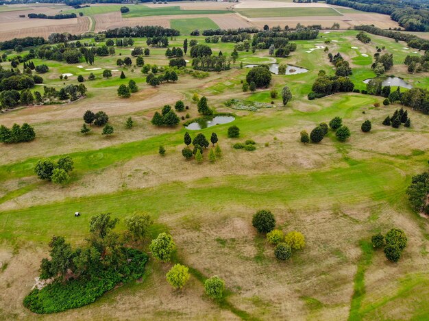 Aerial view of green golf course in Europe