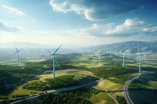 Взгляд с воздуха на зеленый ландшафт с ветряными электростанциями a 00046 01