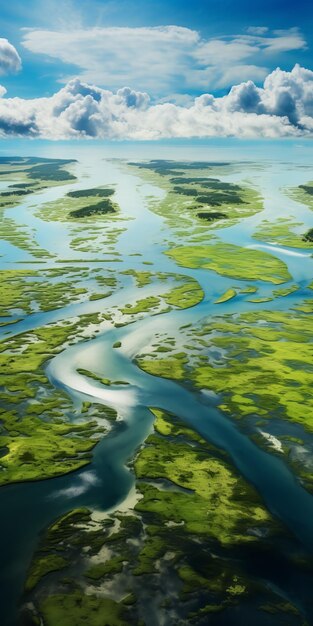 Aerial View Of Green Marsh Land Organic Forms And Textural Play