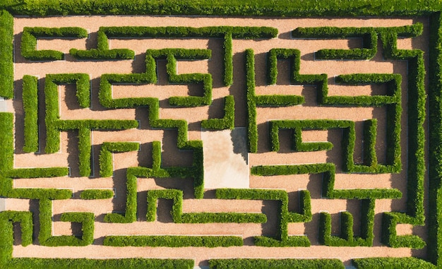 Foto vista aerea del giardino del labirinto verde sullo sfondo della natura