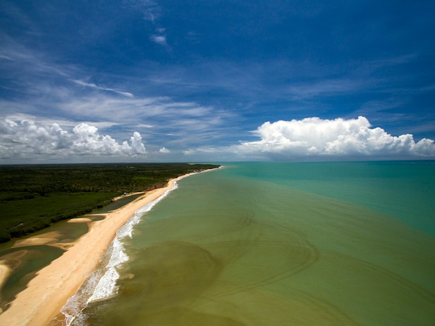 空撮バラドケイの晴れた日のブラジルのビーチ海岸の緑の海、