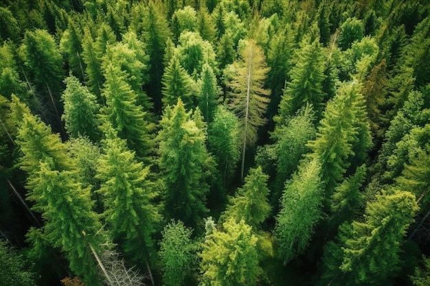 Aerial view of green summer forest with spruce and pine trees