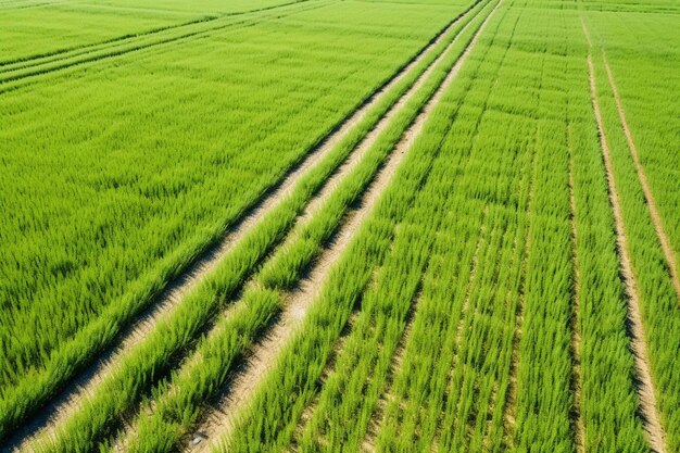 緑の小麦畑とトラクターから見た軌跡