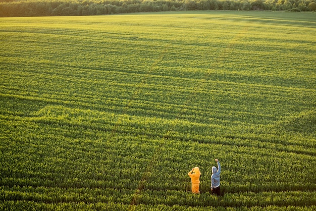 Aerial view on green wheat field with couple walking on pathway