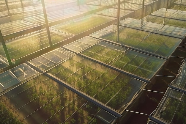 Aerial view of greenhouse filled with rows of plants