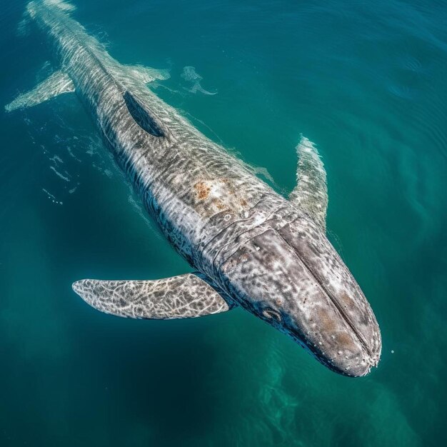 Aerial view of a grey whale eschrichtius robustus underwater feeding in baja california mexico