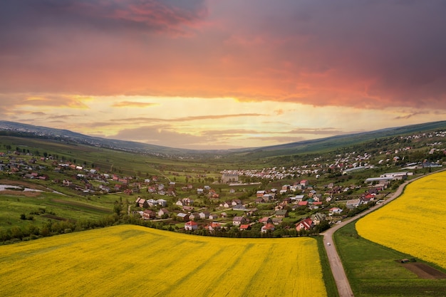 Aerial view of ground road with moving cars in green fields with blooming rapeseed plants, suburb houses on horizon and blue sky copy space background. Drone photography.