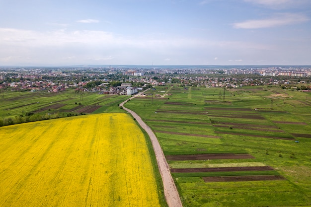 Aerial view of ground road with moving cars in green fields with blooming rapeseed plants, suburb houses on horizon and blue sky copy space background. Drone photography.