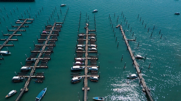 Aerial view over group of fishing boats, Thailand