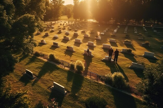 Aerial view of a group of people in a cemetery at sunset