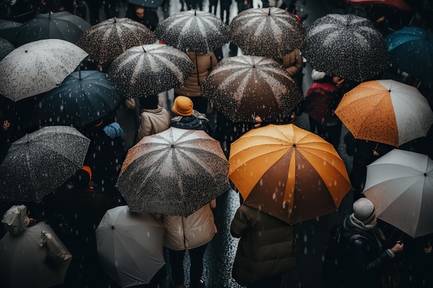 Aerial view of a group of people with umbrellas on a dark gray and dreary day Ai generated
