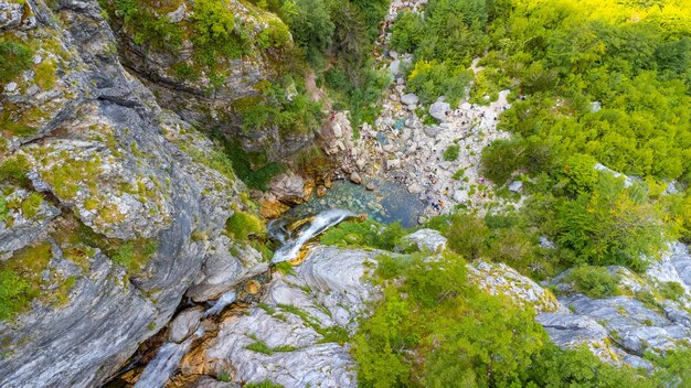 Aerial view of Grunas Waterfall in Theth National Park Albania Albanian Alps