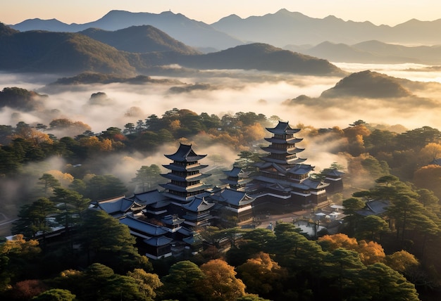 太陽が昇る時のグジョ・ハチマン城の空中写真