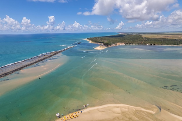 맑은 물과 코코넛 나무가 있는 궁가 비치(Gunga Beach) 또는 "프라이아 도 궁가(Praia do Gunga)"의 공중 전망, 마세이오, 알라고아스. 브라질 북동부 지역.