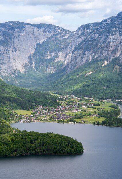 Aerial view of Hallstatt village in Alps, Austria