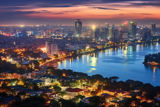 ベトナムのハノイ市の夜の空中景色 ハノイ市の夜明けの空のスカイライン景色