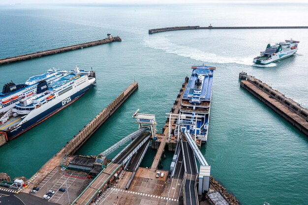 Aerial view of harbor and trucks parked along side each other in dover uk