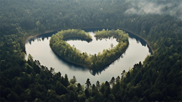 Aerial view of a heart shaped lake in the middle of a forest