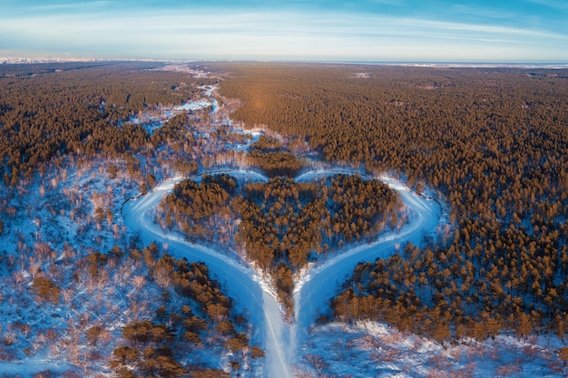 Aerial view of a heart shaped winter forest