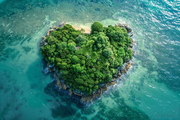 Foto veduta aerea di un'isola tropicale a forma di cuore con lussureggiante vegetazione