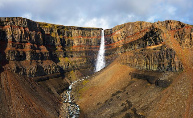 東アイスランドの Hengifoss 滝の空撮