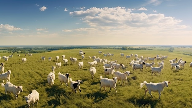 Aerial view of a herd of goats grazing on a green meadow