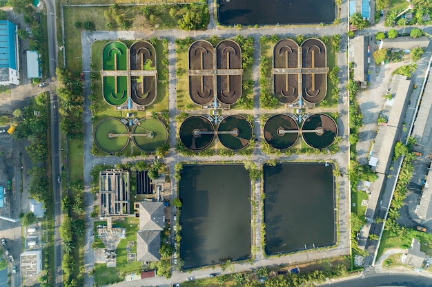 Aerial view High angle view drone shot of the sewage treatment plant.