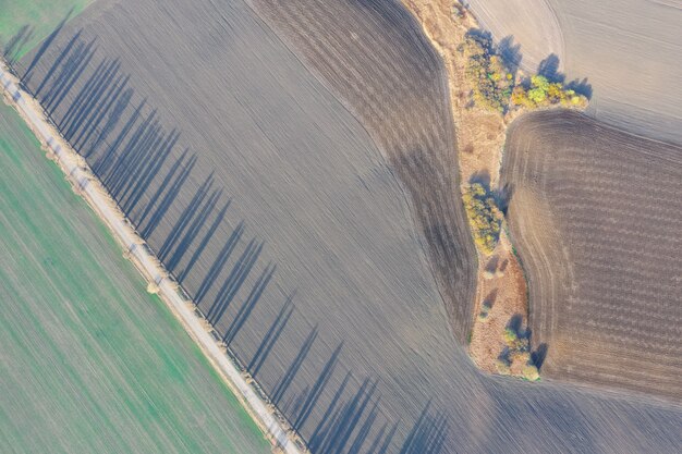 Aerial view of high quality soil in the field. Ready to grow crops. Field with potatoes, roots.