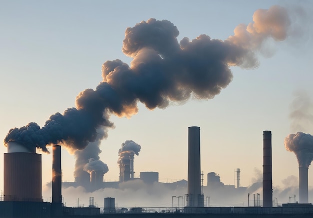 Aerial view of high smoke stack with smoke emission Plant pipes pollute atmosphere Industrial fact