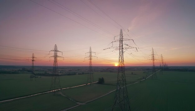 Aerial view of high voltage pylons and wires in the sky at sunset in the countryside