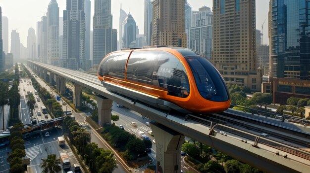 Aerial view of a highspeed monorail winding through urban landscapes connecting bustling city districts